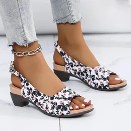 Sandálias de verão feminino desgaste sapatos de praia floral grosso de salto alto casual boca moda sandalias de mujer veno 2024