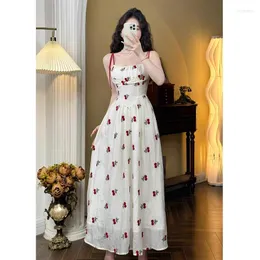 Casual Dresses Fairy Slash Neck Fruits Printing Suspender Women 2024 Summer Sweet Style High midje Chiffon Slim Fit Thin Dress