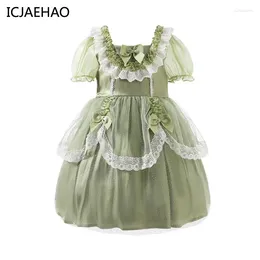 Vestidos de menina icjaehao 2024 Green Girls Party Party Tulle Buff Sleeve Weddings Dress Dress Lace Lolita Style para vintage