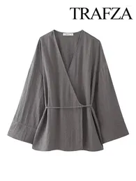 Kvinnors blusar trafza kvinnor elegant grå kimono stil lös skjorta topp kvinna chic v-hals asymmetrisk snörd långa ärmar casual blus