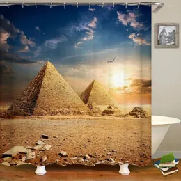 シャワーカーテン古代エジプトのピラミッドバスルームカーテンレトロ壁画の砂漠の風景フラビック防水ポリエステルバス