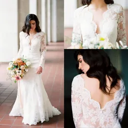 Vintage Plus Size Wedding Dress Lace Applique Deep V Neck Long Sleeves Floor Length Backless Bridal Gowns Brautkleider Custom Made 2316