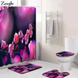 Badmattor Zeegle Flower Shower Curtain Badrum Dekoration Matt Set Lock Toalett Cover Polyester Foot 3D Tryckt