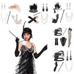 Party Supplies 1set 1920s Flapper Cosplay Costume Feather Bearband Pearl Necklace Armband Strumpor Long Glove Gatsby Masquerade