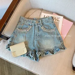 Nya designkvinnor hög midja strass dekorerade denim jeans ruffles botten mode shorts smlxlxxl