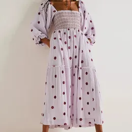 Beach Style Holiday Ruffle Swing A Line Maxi Dress Bohemian Floral Women Lady Square Neck Long Sleeve Club Party 240424