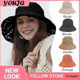 Boinas elegantes Crochet Sun Protection Fisherman Hat for Women com grandes beirais dobráveis