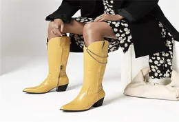 Botas ymechic moda amarela branca preta gravada em couro ocidental bloqueio de cowboy de salto alto joelho comprido ladies sapatos winter6268371