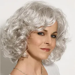 Europa och Amerika mänskligt hår peruk för kvinnor silver vit glam curl spansk våg nåd våg korta lockiga hår peruker