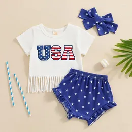 Giyim Setleri Bebek Bebek Yaz Giysileri Born Letters Baskı Tassy Tişörtlü Tasel Tişört Saç Bandı Toddler için 3 PCS 4 Temmuz kıyafetleri