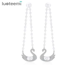 LUOTEEMI Trendy Dualuse Swan Dangle Earrings with CZ Stone And Imitation Pearl Beaded Drop Earring For Women Valentine Gift4430402