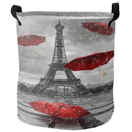 Laundry Bags Paris Eiffel Tower Red Umbrella Foldable Basket Large Capacity Waterproof Clothes Storage Organizer Kid Toy Bag