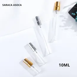 Butelki do przechowywania 10 ml 100 sztuczne/partia mini szklane perfumy z metalowym sprayem pusty parfum futerał napełniający butelka próbka złota srebro