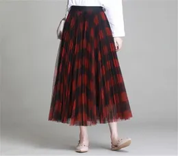 Winter Vintage Plaid Place Falten Maxi Long Tulle Röcke Elegantes rotes Green Check Tartan Aline Knöchel Langes Netz Röcke6625679