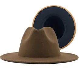 Unisex faux wełna khaki z czarnym patchworkiem Panama Jazz Hat Feel Fedora Hats Women Men Men szeroko płaskie grzbiet biały zielony melonik Cow4836636