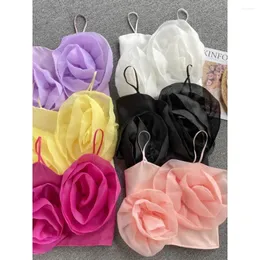 Women's Tanks French Chic Spaghetti Strap 3D Flowers Tank Top For Women Strapless Slash Neck Skinny Camisoles Summer Almighty Camis Dropship