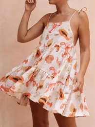 Casual Dresses Women Summer Open Back Short Dress Crab Print Sleeveless Tie Up Backless A-Line Mini Party For Vacation Beach Streetwear