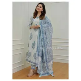 Этническая одежда Salwar Kameez Womens Cotton Blue White Printed Kurti Pants Dupatta Традиционная индийская одежда2405