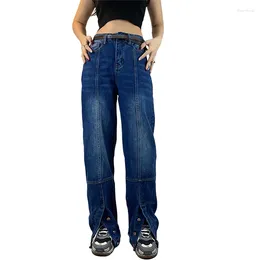 Kadınlar kot pantolon kayotuas kadın mavi denim bahar sonbahar düz renk yüksek bel bölünmüş gevşek düz pantolonlar bayanlar şık basit sokak kıyafetleri