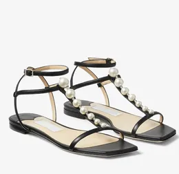 Summer Luxury Amari Sandals Shoes Latte Nappa Latte Flats with Pearls & Crystal embellishment Evening Dress Lady Gladiator Walking White Black EU35-43