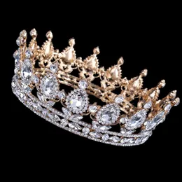 Bling lyxig vintage guld bröllop krona legering brud tiara barock drottning kung krona guld färg rinsten tiara krona bröllop accessori 291l