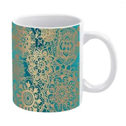 Mugs Teal Green And Gold Mandala Pattern White Mug Coffee 330ml Ceramic Home Milk Tea Cups Travel Gift For Friends