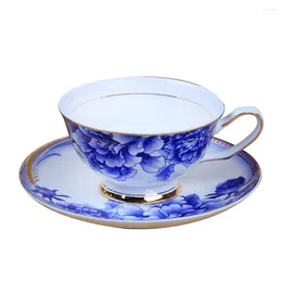 Xícaras pires azul e com porcelana osso china caneca pires de ouro subshrubby peony flor xícara de chá chinês presente de alta qualidade presentes