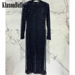 Lässige Kleider 3,4 Klasonbell Bling Pearl Pailla Temperament Abend Maxi Kleid Frauen Mesh atmungsaktive Party Slim o-Neck