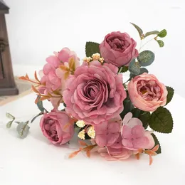Dekorativa blommor 6 gafflar konstgjorda hortensia silk pion bröllop fest brud hand hållen bukett po props hemrum dekor falsk