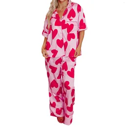 Roupas em casa Fairycore Women Women Pijama Set Prairie Chic Print Print Short Sleeve Button Feching Top com calça Sleepwear Loungewear