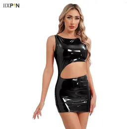 Vestidos casuais femininos LATEX Mini vestido molhado de couro patenteado recorte Bodycon Gothic Punk Rave Disco Party Clubwear