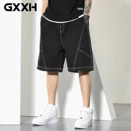 Mens Korean Streetwear Jeans Kort raka breda benshorts GXXH Fashion Man Casual Loose Overize Color Contrast Denim Pants 240507
