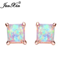 junxin greenbluewhite fire opal stud earrings for women rose gold fill square earrings princess cut brirtstone earringギフト8143172