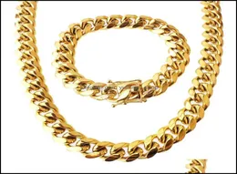 Andere Sets Schmuckstahlstahl Schmuckset 24K Gold plattiert hochwertige kubanische Verbindung Halskette Armband Bordsteinkette 14 cm DR8244548