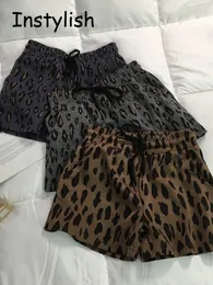 Vintage harajuku leopard tryck brett ben kort sommarkoreanska enkla chic elastik midja dragkastning lösa byxor 240510