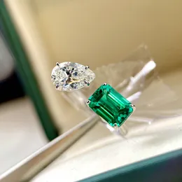 Heiße neue 925 Sterling Silber Birne Schnitt Grüne Emerald Cut Simulierte Diamanthochzeitsfeier Vintage Gemstone Open Ring Feiner Schmuck Weihnachtsgeschenke