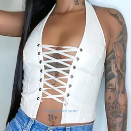 Womens Tanks Camis Sexy Summer Slim Fit Render Short Top Bandage Sleeveless Crop tops Tank Tops Leather Hollow Out Crop Vest Trendy