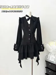 Two Piece Dress Summer Women Y2k Rave Dark Academia 2000s Outfits 2 Set Long Sleeve V-Neck Shirts + Gyaru Gothic Mini Irregular Skirts Q240511