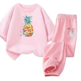 Set di abbigliamento Summer Girl Summer Set Childrens Fruit Pineapple/Avocado T-shirt+Pantaloni repellenti per zanzare a 2 pezzi set per bambini fumetti tracce cartoni animati da cartone animato