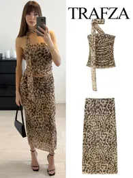 TRAFZA SAIR VINTAGE Conjunto para mulheres 2024 Spring Leopard Print Suital causal Cintura alta Aline Skirthalteck Offshoulder Tube 240510