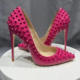 Luxury Spikes Rivets Rose Red Pointed High Heels Customized Heeled For Party Nighclub Fashion Sexy Pumps33-45