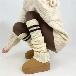 Women Socks Winter Fall Ribbed Knit Slouch Leg Warmer Preppy Double Striped Boot Covers Over Knee Stakced Long For