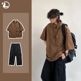 Sommar japanska män set harajuku mitt ärm trendiga skjorta bredbenslastbyxor 2-pcs tunn avslappnad college manlig kostym 240511