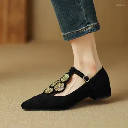 Casual Shoes 2024 T-Strap Spring Women Pumps für spitze Zehen mit niedrigem Absatz schwarzer Damen