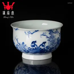 ティーウェアセットZhongjia Kiln Jingdezhen Tea Cup Blue and White Wood Heady Industry Hand Painted Peony Flowers Birds Master