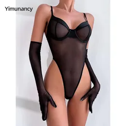 Yimunancy Sheer Mesh Body Women Patchwork guanti magro ad alto taglio Skinny Brack Body Body Femme 240423