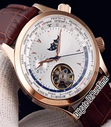 Master Control World Geographic Q1522420 Rose Gold Silver Dial Moon Phase Tourbillon Automatic Mens Watch Brown Leather Watches Pu1394072
