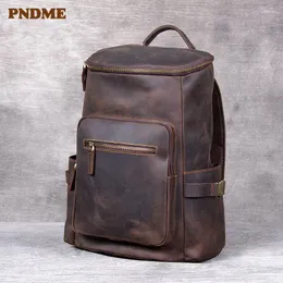 Backpack PNDME Vintage Men's Genuine Leather Travel Large Capacity Hiking Bagpack Bucket Laptop Bookbags