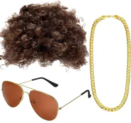 لوازم الحفلات Pesenar Hippie Costume مجموعة غير تقليدي Afro Wig Sunglases Necklace لـ 50/00/70s موضوع (النمط A) الذهب المتوسط