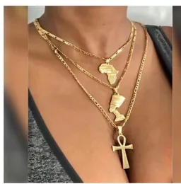 Pendant Necklaces 3pcs Africa Map Cross Nefertiti Necklace Set For Women Men Gold Color Stainless Steel Egyptian Jewelry3274705